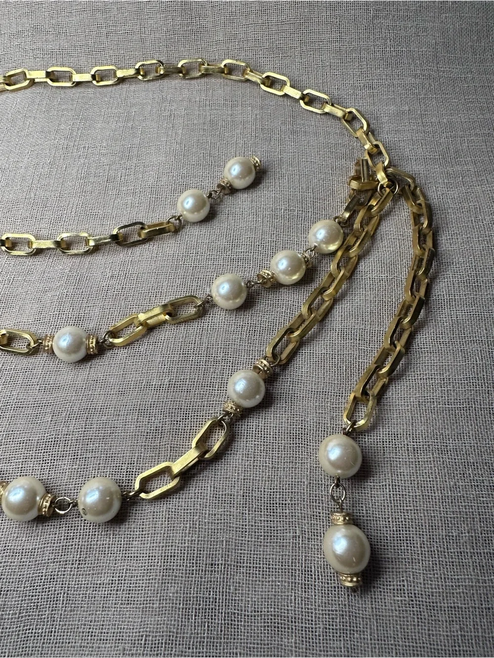 Vintage 80s Gold Chain Belt Faux Pearl Swag Link Boho Adjustable Necklace